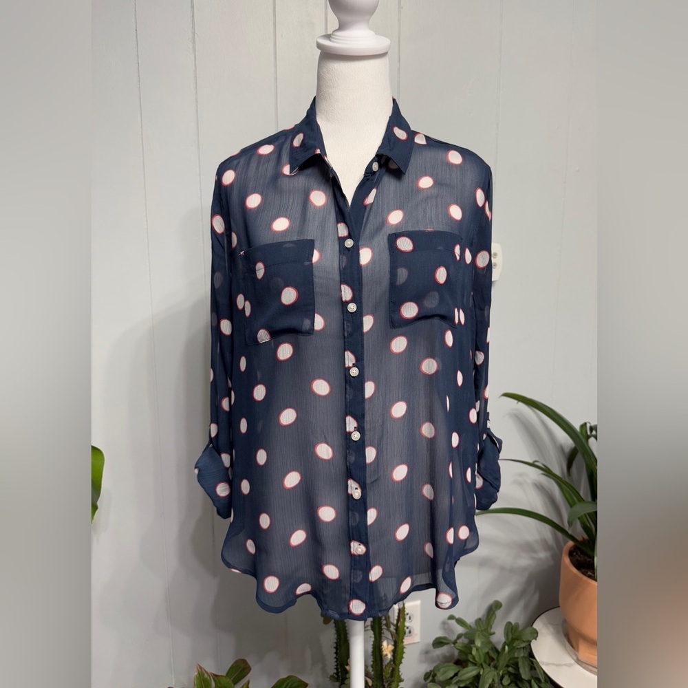 Hollister Navy Sheer Button-Down Shirt with White and Pink Polka Dots